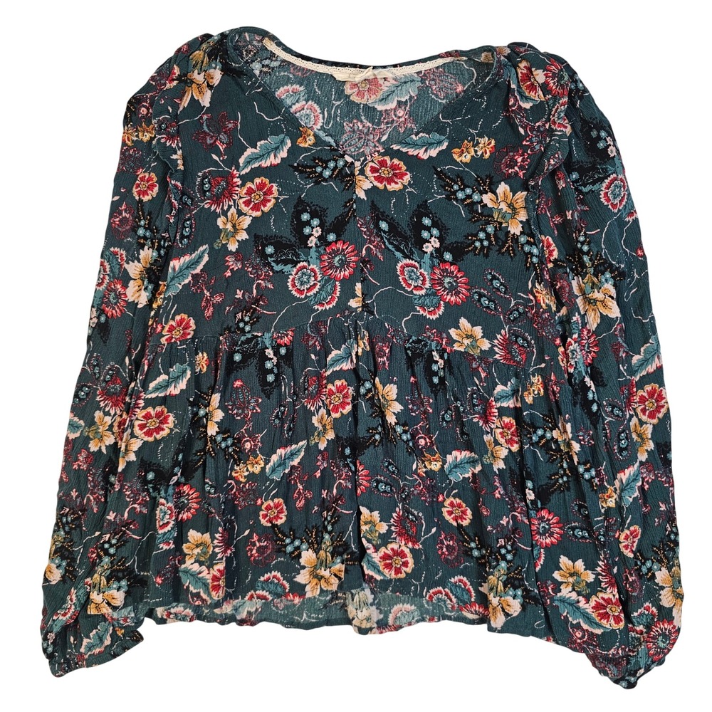Nurture by Westbound Floral Babydoll Blouse Teal Green Boho Peasant Top Large